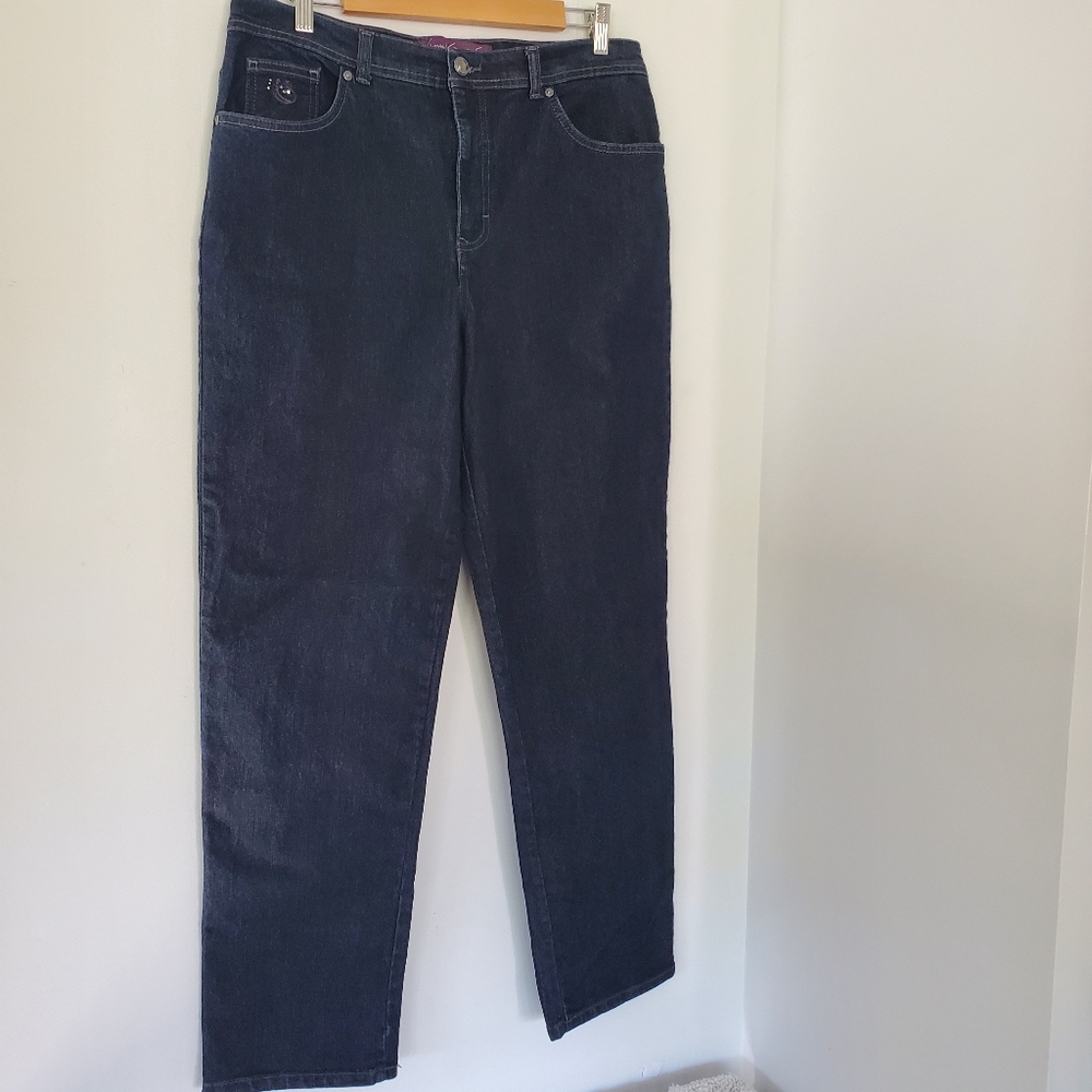 GLORIA VANDERBILT Sz 14 AMANDA Dk Wash Blue Denim Jeans Straight High Rise - Picture 8 of 16